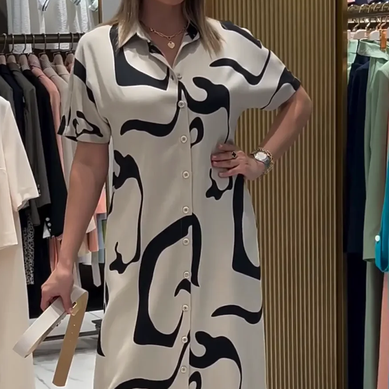 Γυναικείο μακρύ φόρεμα με κοντό μανίκι και στάμπα-GR