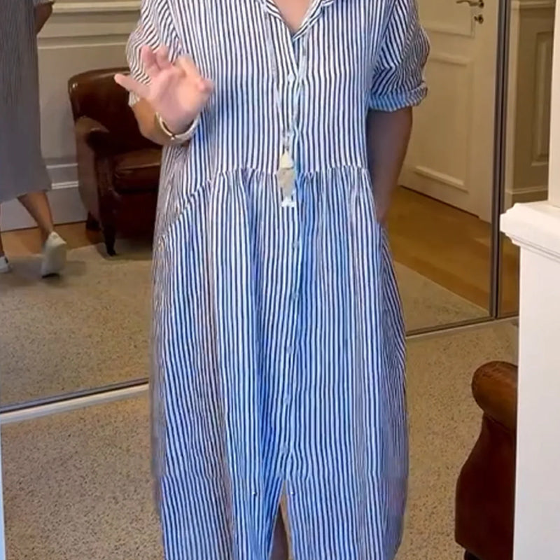 🔥👗 Ριγέ φόρεμα-πουκάμισο με πέτα και κουμπιά | Με λειτουργικές τσέπες-GR