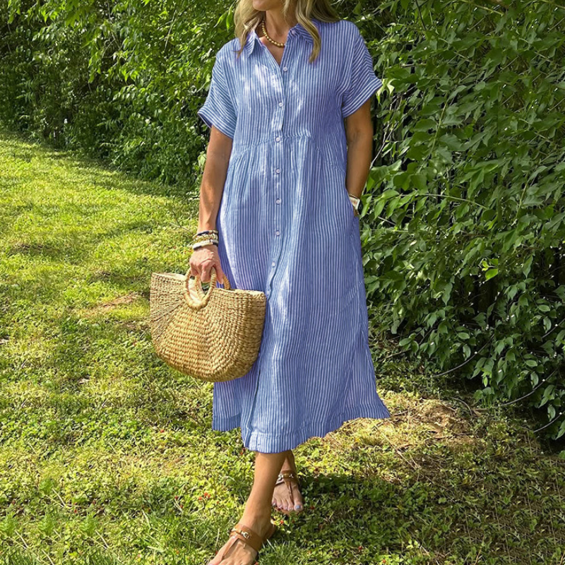 🔥👗 Ριγέ φόρεμα-πουκάμισο με πέτα και κουμπιά | Με λειτουργικές τσέπες-GR