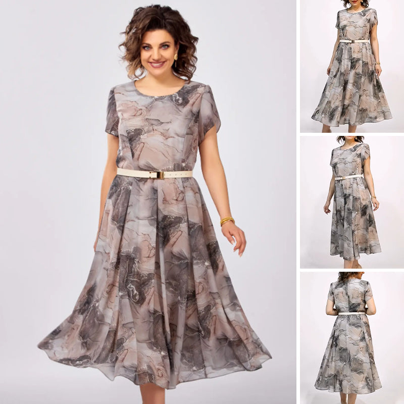 Γυναικείο κομψό φόρεμα μίντι με στρογγυλή λαιμόκοψη και κοντό μανίκι-GR