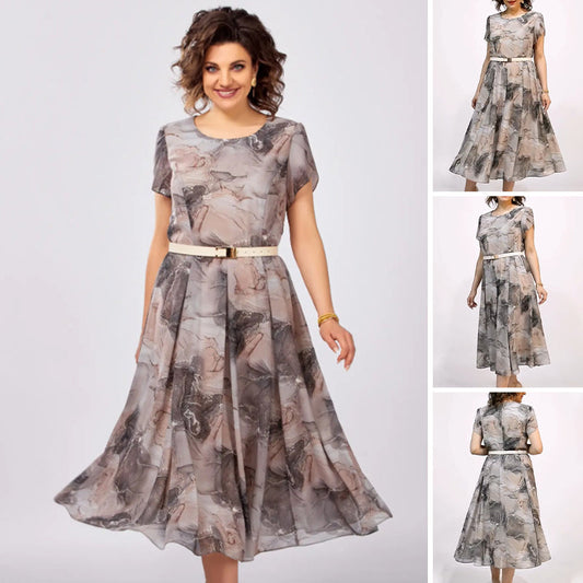 Γυναικείο κομψό φόρεμα μίντι με στρογγυλή λαιμόκοψη και κοντό μανίκι-GR