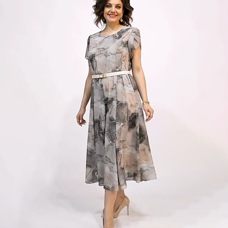 Ženska elegantna midi obleka z okroglim izrezom in kratkimi rokavi-SI