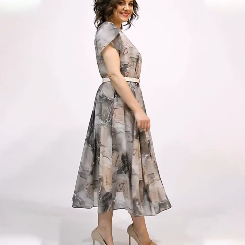 Ženska elegantna midi obleka z okroglim izrezom in kratkimi rokavi-SI