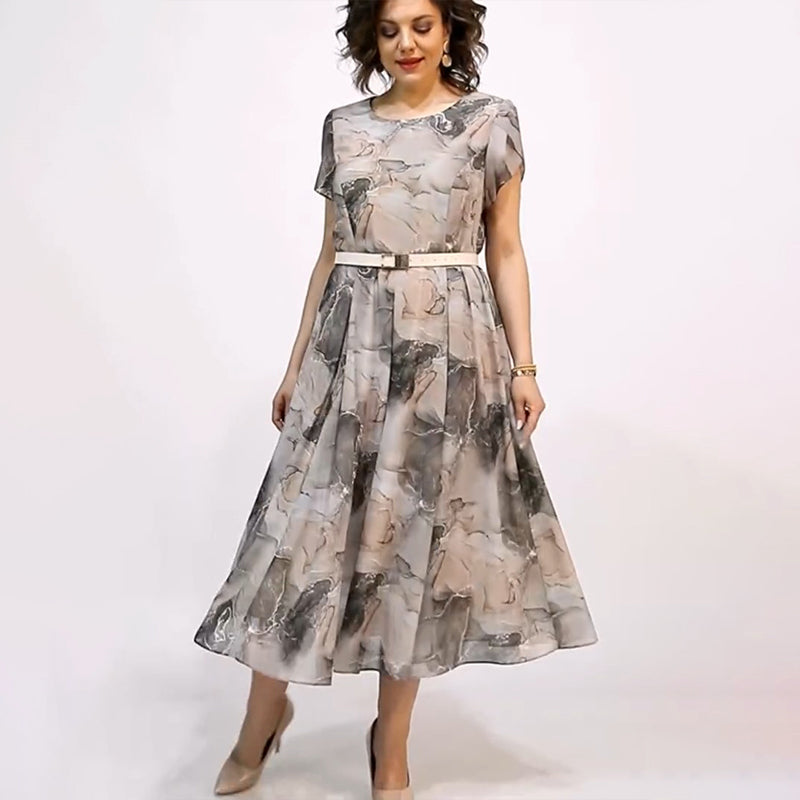 Ženska elegantna midi obleka z okroglim izrezom in kratkimi rokavi-SI