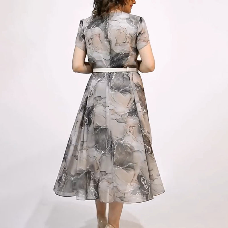 Ženska elegantna midi obleka z okroglim izrezom in kratkimi rokavi-SI