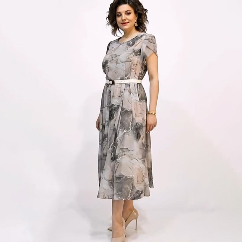 Ženska elegantna midi obleka z okroglim izrezom in kratkimi rokavi-SI