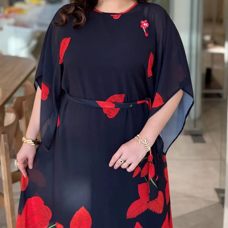 👗 Φόρεμα με βολάν και στρογγυλή λαιμόκοψη και ζώνη 🌸 | Floral Print | Ρυθμιζόμενη σιλουέτα-GR