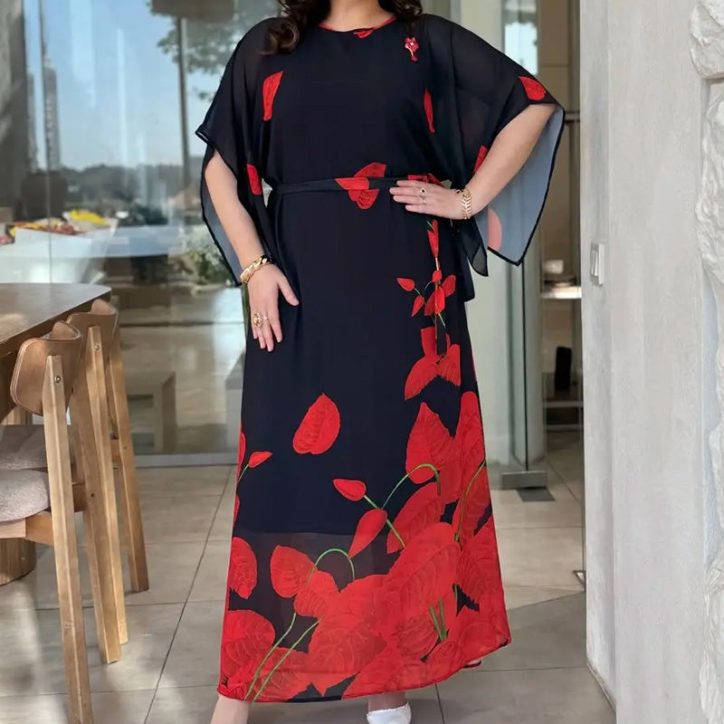 👗 Φόρεμα με βολάν και στρογγυλή λαιμόκοψη και ζώνη 🌸 | Floral Print | Ρυθμιζόμενη σιλουέτα-GR