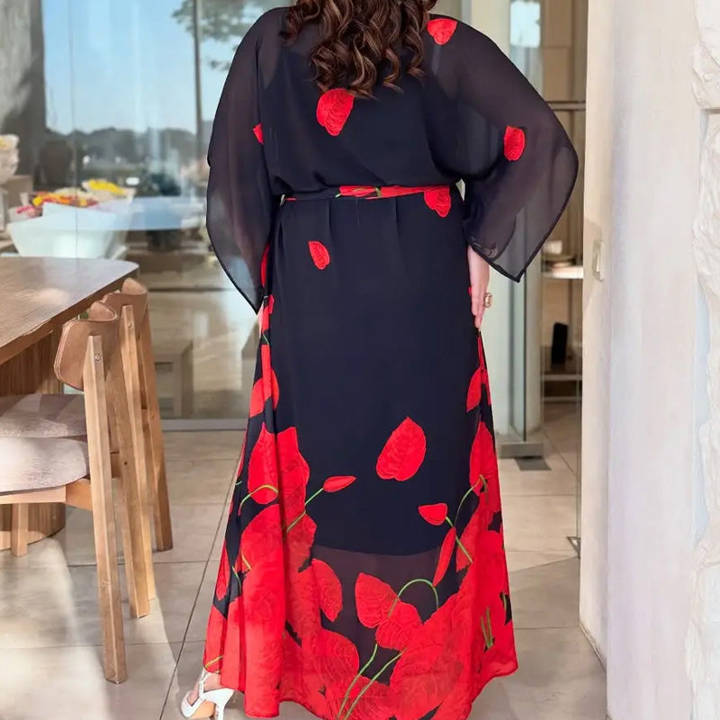 👗 Obleka z okroglim izrezom in pasom 🌸 | Cvetlični potisk | Nastavljiva silhueta-SI