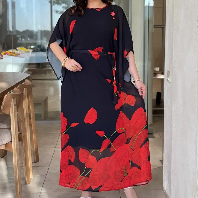 👗 Plokščios formos suknelė su apvalia iškirpte ir diržu 🌸 | Gėlių raštas | Reguliuojamas siluetas-LT