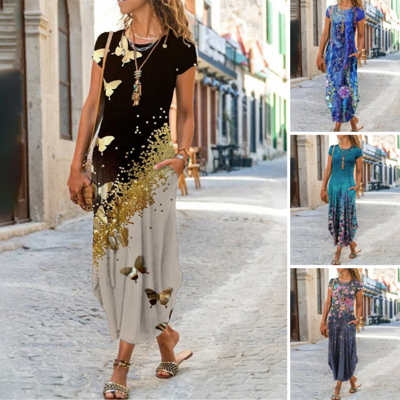 ✨Moteriškos ilgos marškinėlių raštuotos suknelės-LT