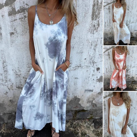 Moteriška dažytų dažų spalvų marginta suknelė su spagečių petnešėlėmis-LT