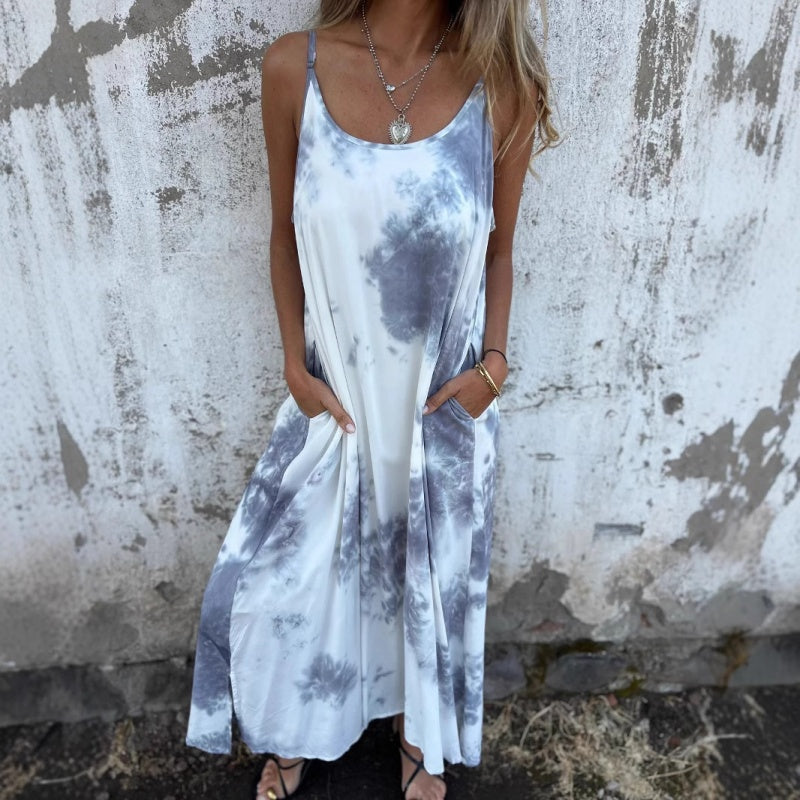 Γυναικείο Φόρεμα Tie Dye με Ντεγκραντέ Στάμπα και Τιράντες-GR