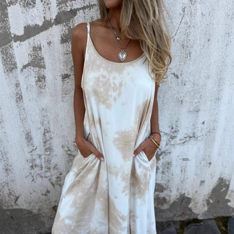 Moteriška dažytų dažų spalvų marginta suknelė su spagečių petnešėlėmis-LT