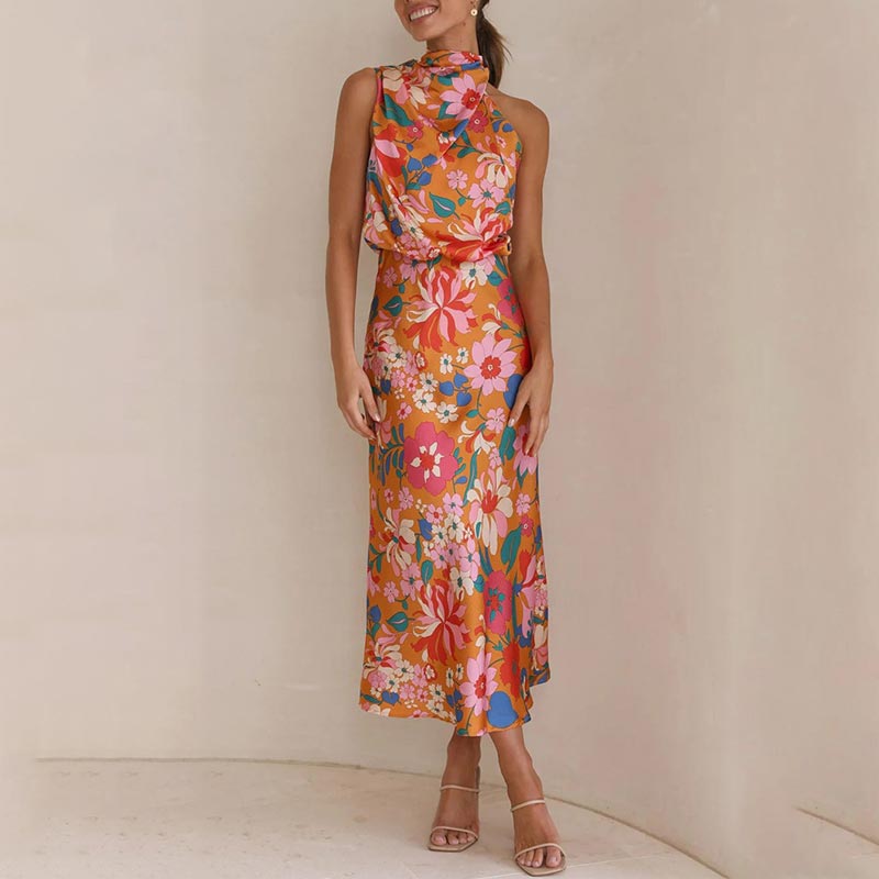 φλοράλ φόρεμα, δέσιμο στο λαιμό, λάστιχο στη μέση, μάξι φόρεμα με σατέν γυαλάδα-GR