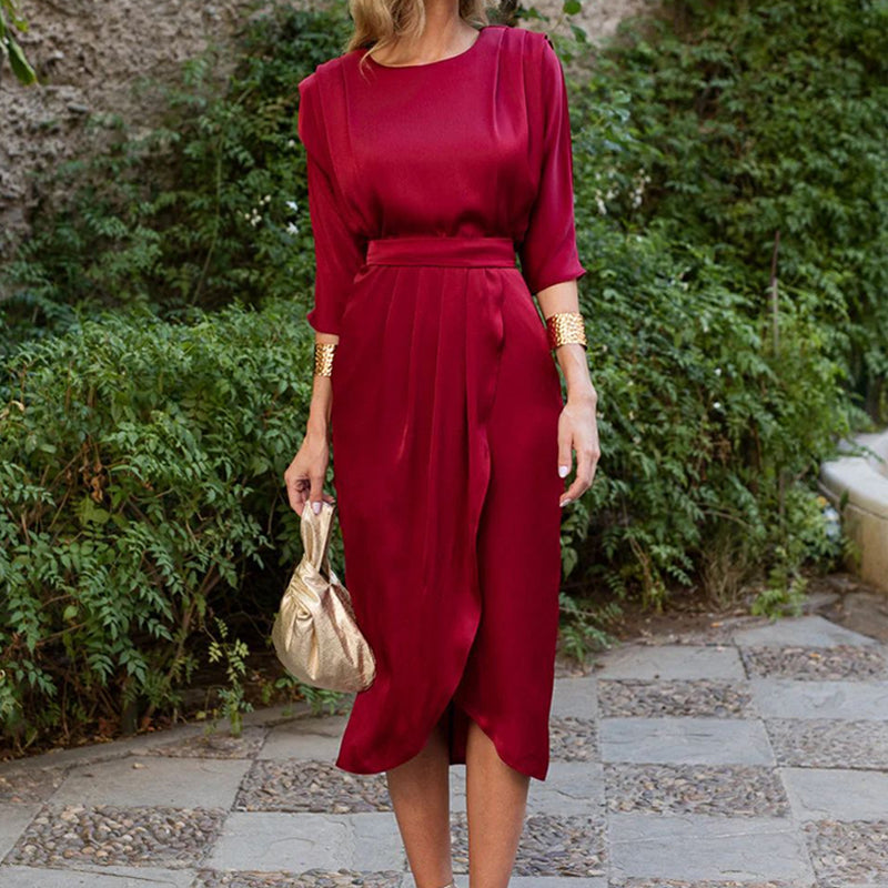 【S-4XL】👗Enobarvna obleka z visokim pasom🥰-SI