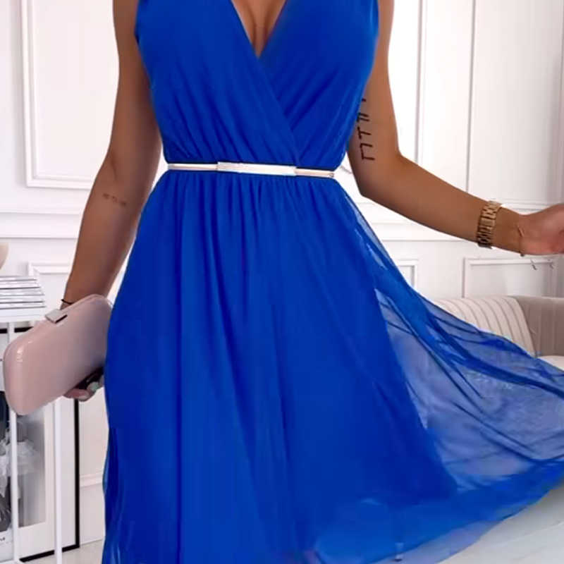 Φόρεμα σιφόν με V λαιμόκοψη και αμάνικο τελείωμα-GR