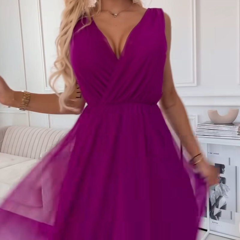 Φόρεμα σιφόν με V λαιμόκοψη και αμάνικο τελείωμα-GR