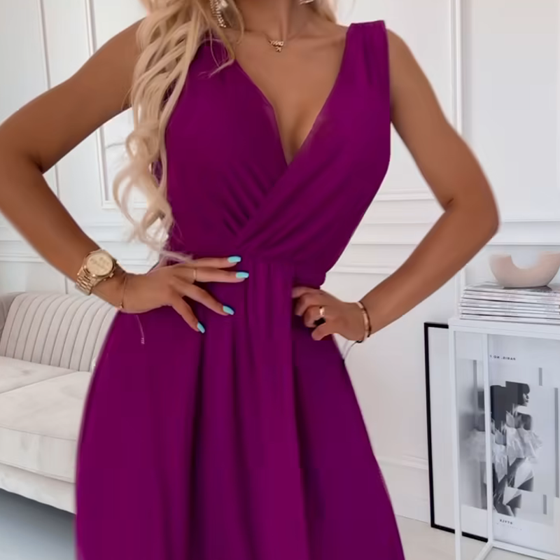 Φόρεμα σιφόν με V λαιμόκοψη και αμάνικο τελείωμα-GR