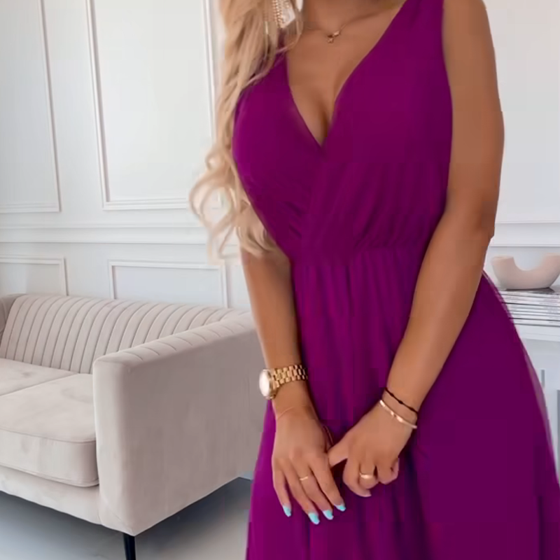 Φόρεμα σιφόν με V λαιμόκοψη και αμάνικο τελείωμα-GR