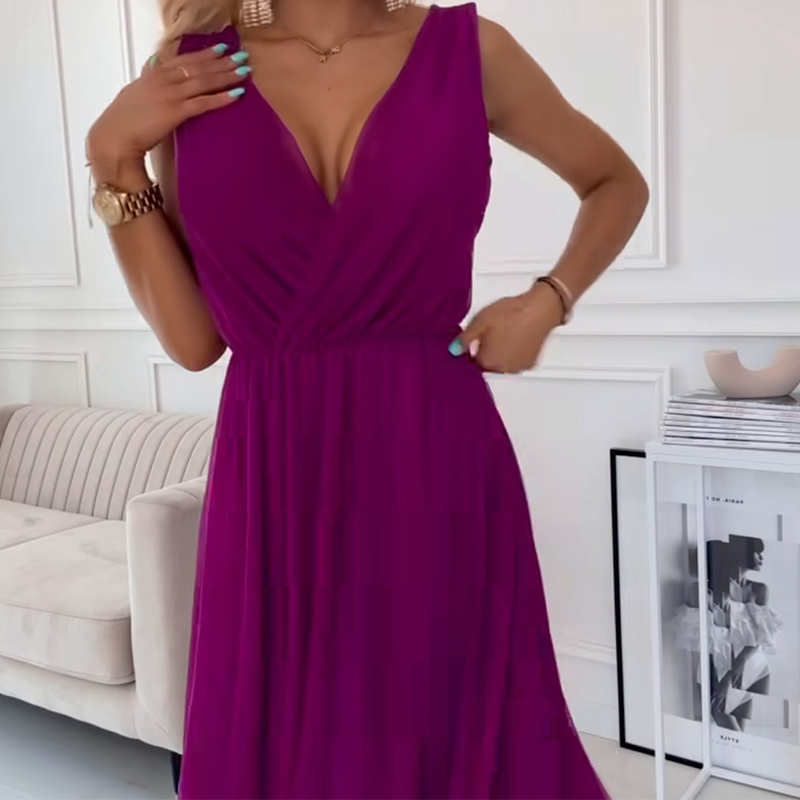 Φόρεμα σιφόν με V λαιμόκοψη και αμάνικο τελείωμα-GR