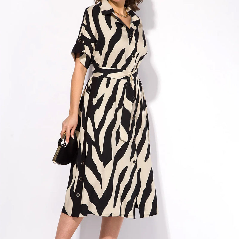 ✨🦓Φόρεμα με V λαιμόκοψη, τυπωμένες ρίγες και μέση-GR