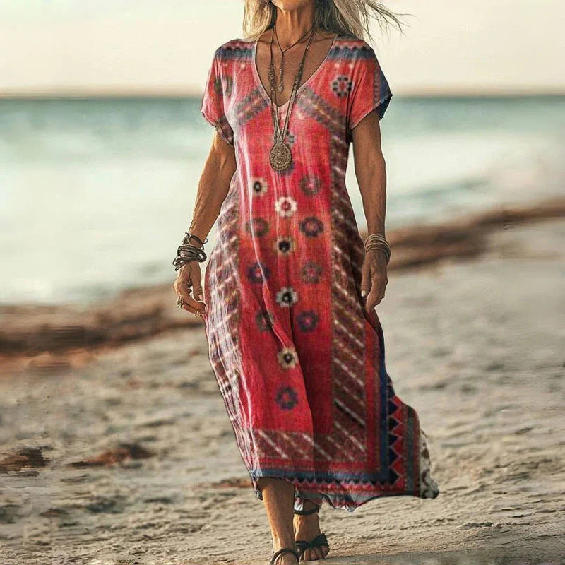 ✨Moteriška trumpų rankovių suknelė su raštu ir V formos iškirpte-LT