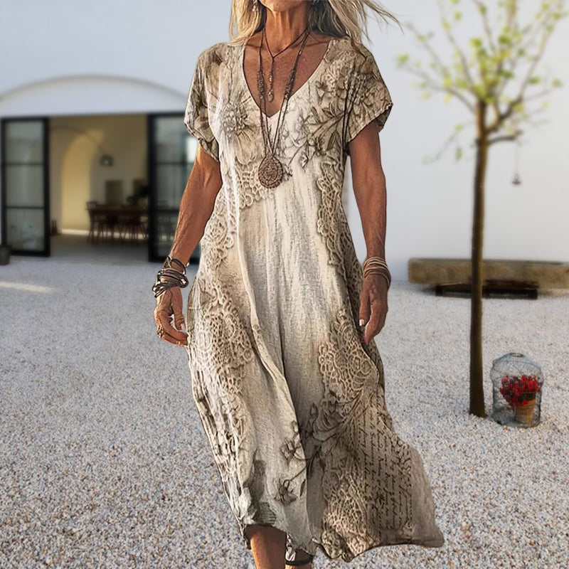 ✨Ženska obleka s kratkimi rokavi in potiskom ter V-izrezom-SI