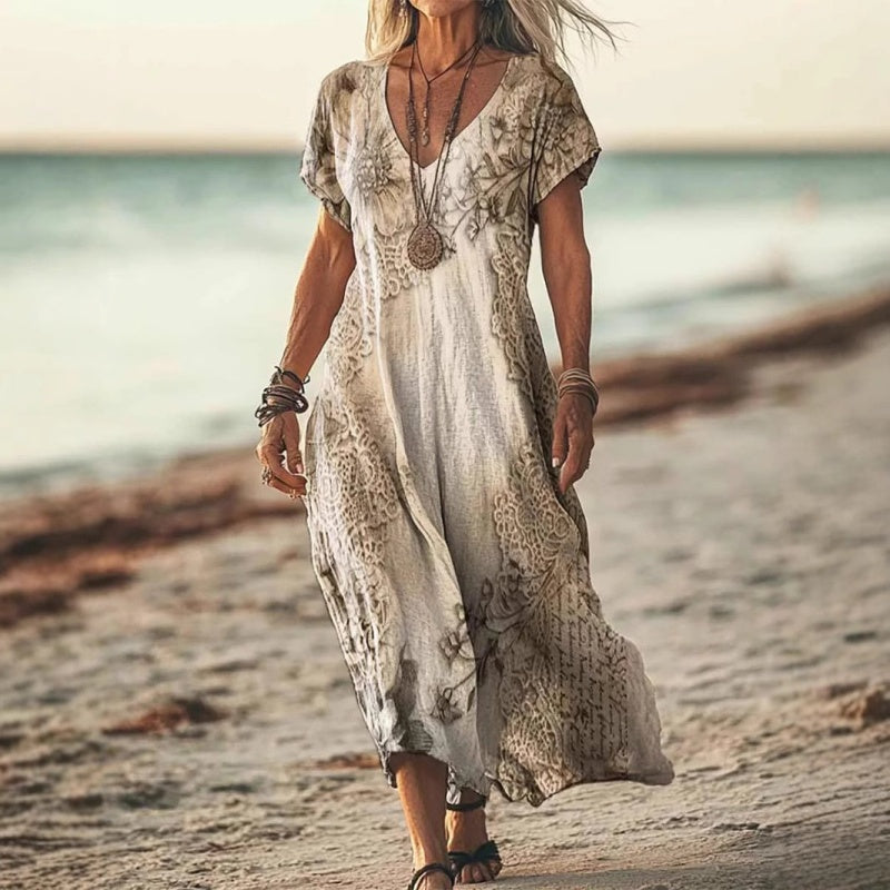 ✨Γυναικείο Φόρεμα με Κοντά Μανίκια και Στάμπα με V Λαιμόκοψη-GR