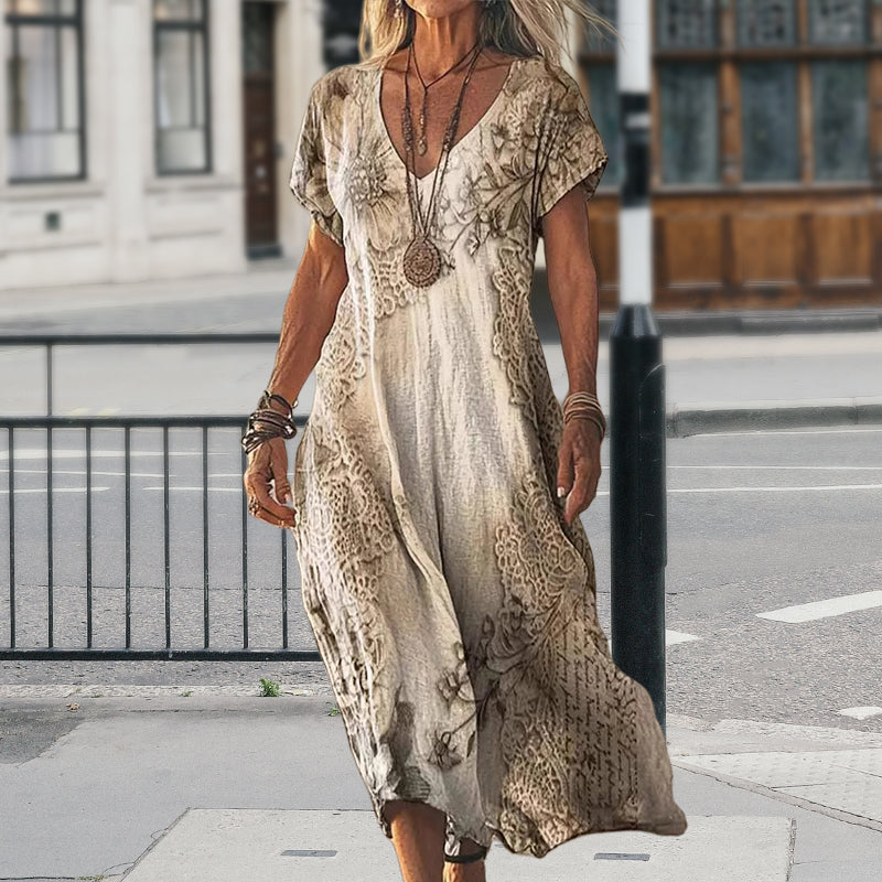 ✨Ženska obleka s kratkimi rokavi in potiskom ter V-izrezom-SI
