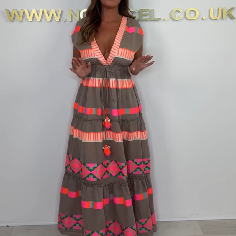 🔥 Vintažinė dryžuota berankovė suknelė moterims su V formos iškirpte-LT