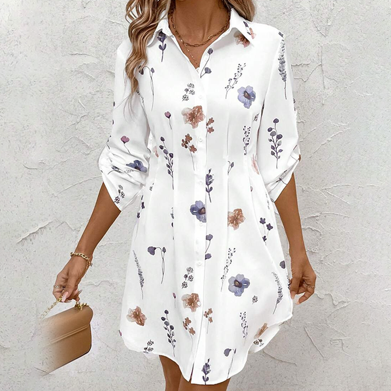 【S-XL】🌸Κομψό φόρεμα-πουκάμισο με φλοράλ στάμπα και μακριά μανίκια σε γραμμή Α-GR