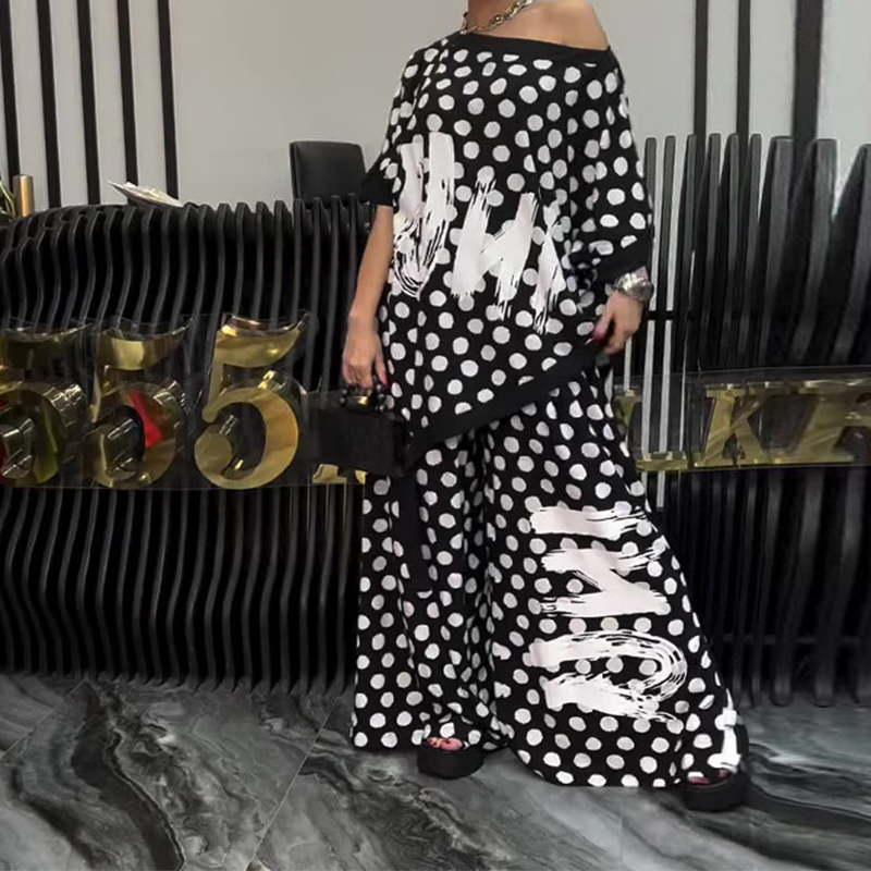 Σετ 2 τεμαχίων: oversized τοπ και παντελόνι με φαρδιά μπατζάκια για γυναίκες-GR