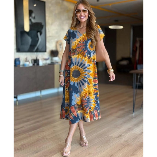 🤩Γυναικεία φαρδιά φορέματα με V λαιμόκοψη και prints-GR