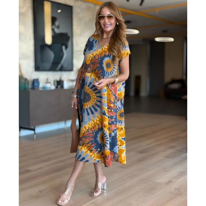 🤩Γυναικεία φαρδιά φορέματα με V λαιμόκοψη και prints-GR