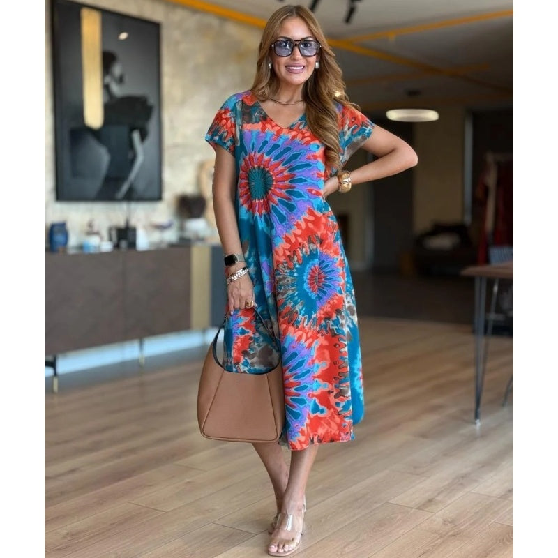 🤩Γυναικεία φαρδιά φορέματα με V λαιμόκοψη και prints-GR