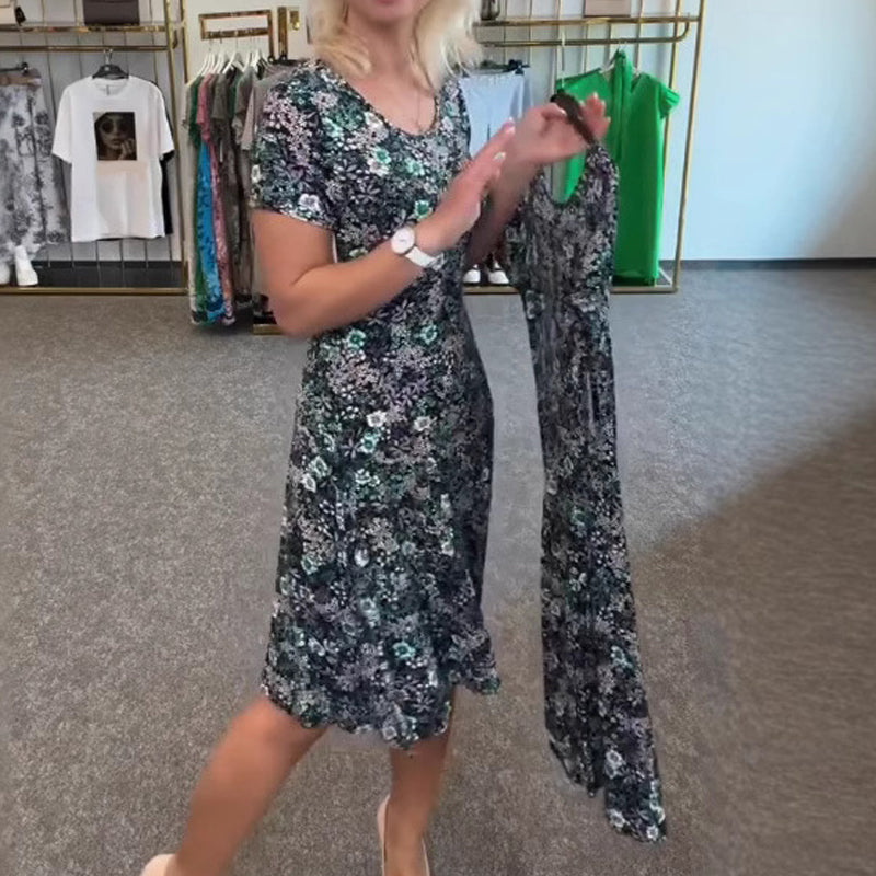 Γυναικείο casual φόρεμα με φλοράλ τύπωμα γύρω από τον λαιμό-GR