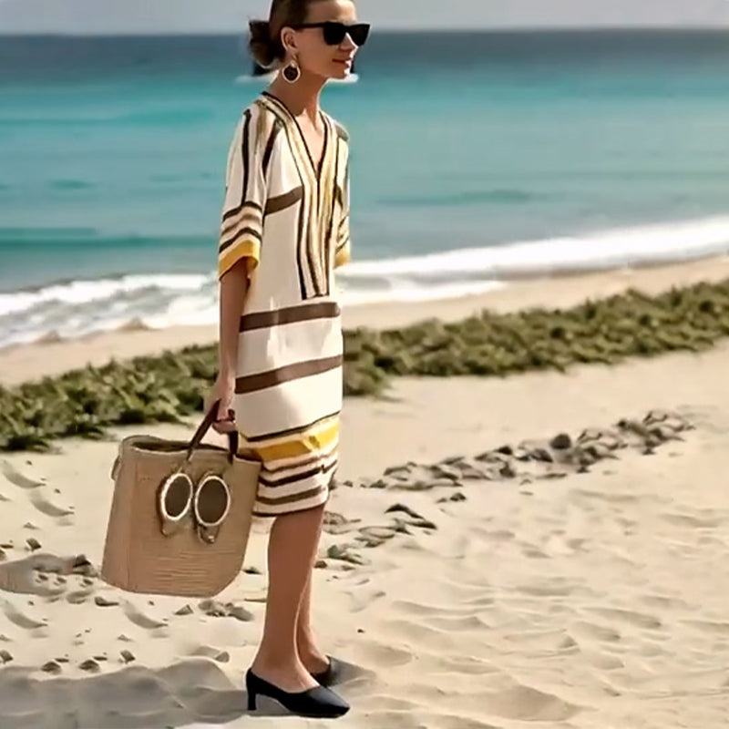 【S-3XL】👗Moteriška dryžuota suknelė su V formos iškirpte-LT