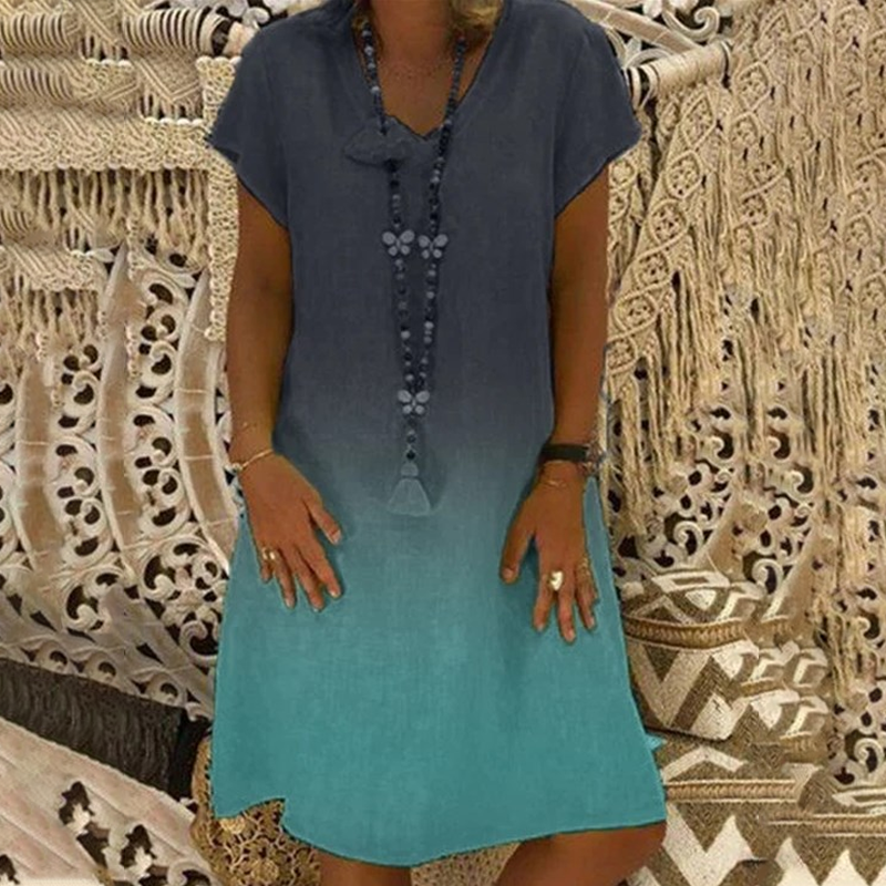 💃 Laisvalaikio suknelė su V formos iškirpte ir trumpomis rankovėmis gradiento stiliaus-LT