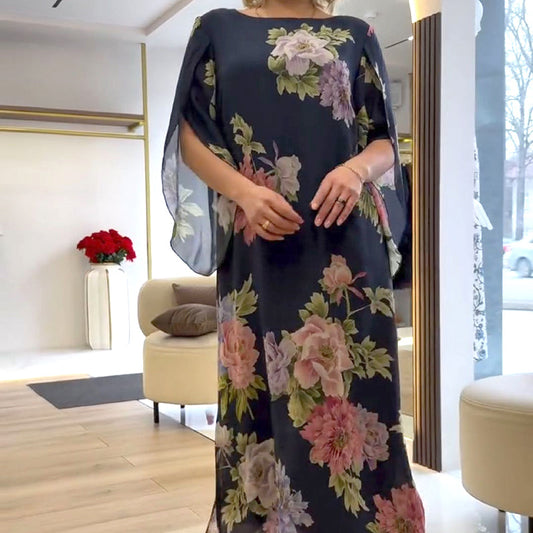 Κομψό μακρύ γυναικείο φόρεμα με τύπωμα στο λαιμό-GR