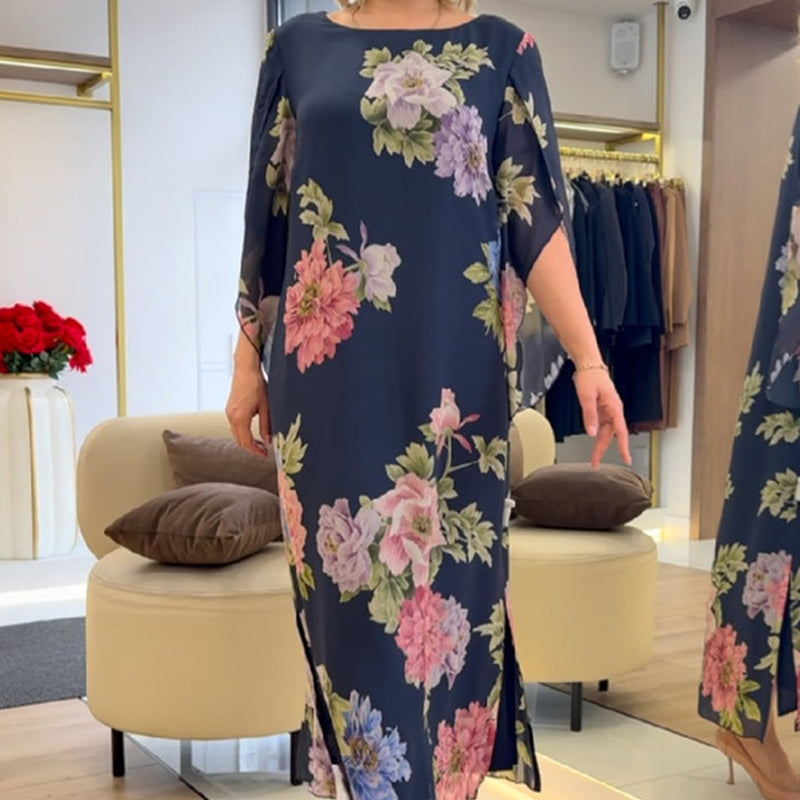 Κομψό μακρύ γυναικείο φόρεμα με τύπωμα στο λαιμό-GR