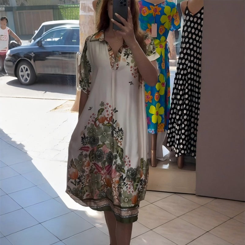 Φόρεμα με φλοράλ ντεκολτέ και V λαιμόκοψη-GR