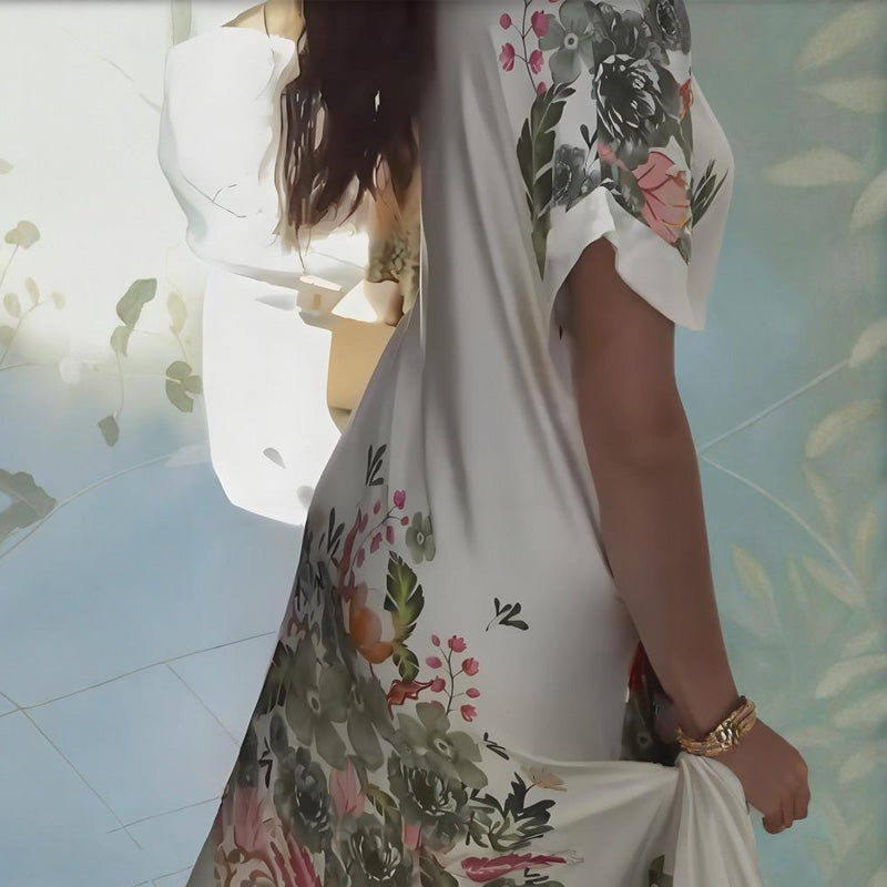 Φόρεμα με φλοράλ ντεκολτέ και V λαιμόκοψη-GR