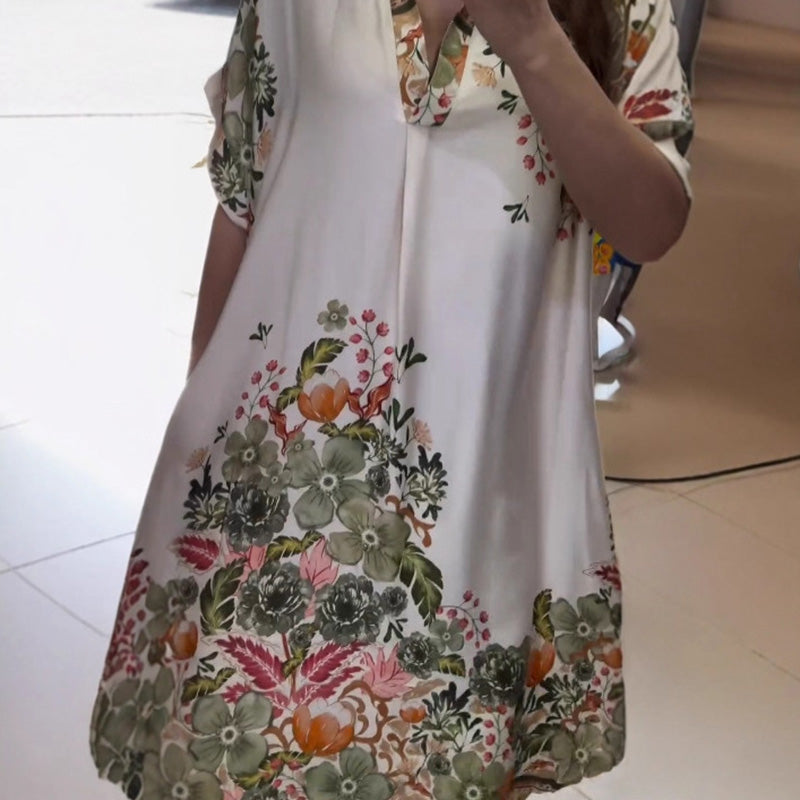 Φόρεμα με φλοράλ ντεκολτέ και V λαιμόκοψη-GR