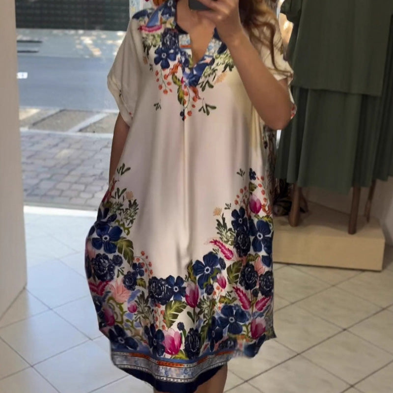 Φόρεμα με φλοράλ ντεκολτέ και V λαιμόκοψη-GR