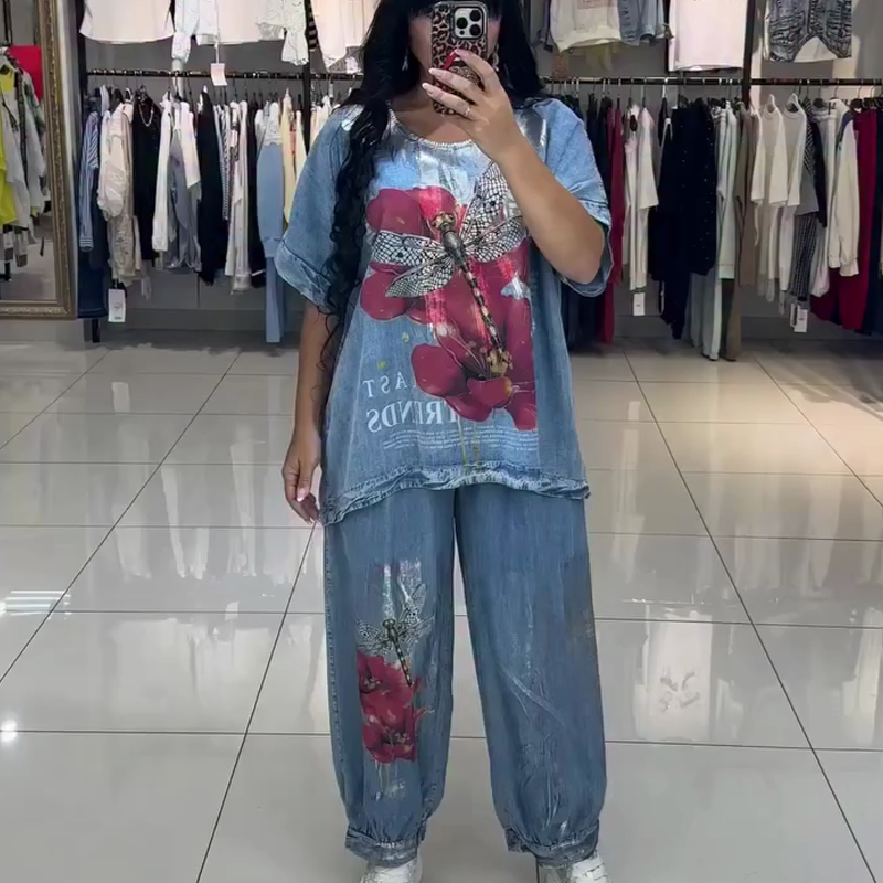 Ženski komplet s potiskom, top in hlače-SI