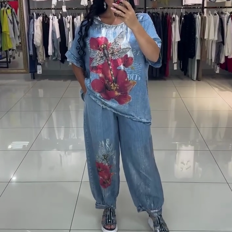 Ženski komplet s potiskom, top in hlače-SI