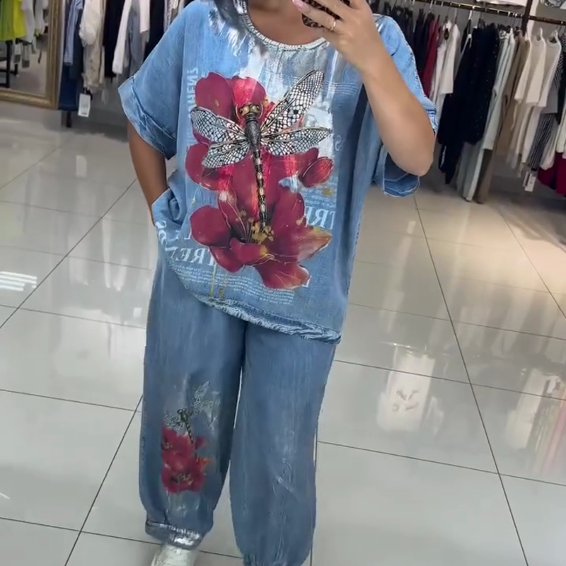 Ženski komplet s potiskom, top in hlače-SI