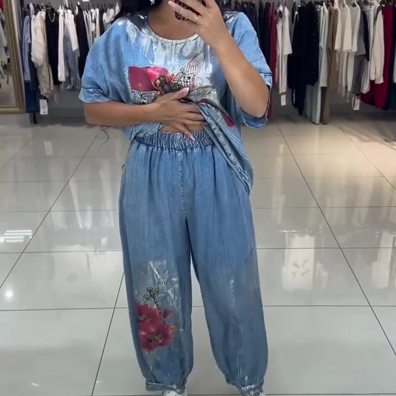 Ženski komplet s potiskom, top in hlače-SI