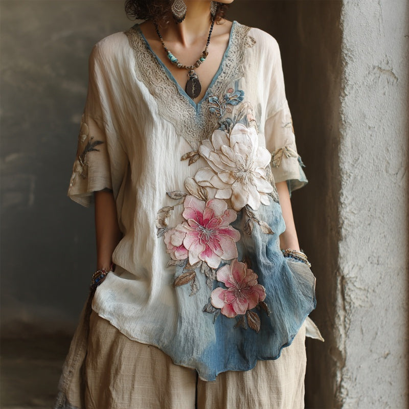 Μπλούζα με βαθύ V ντεκολτέ και φλοράλ μοτίβο-GR